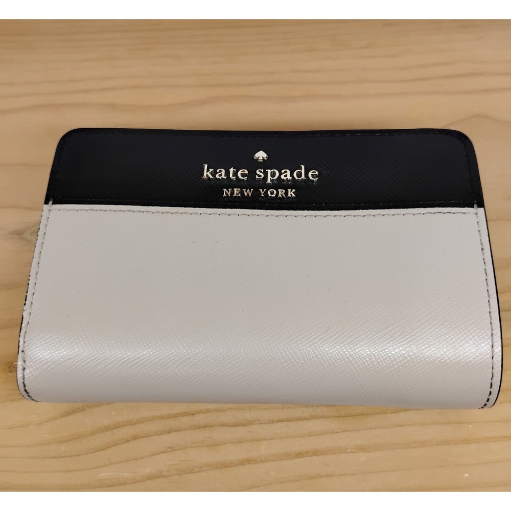 Kate Spade Staci Colorblock Saffiano Leather Bifold Wallet Black‎ Beige Zip Coin